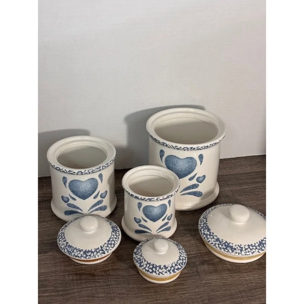 Jay Import Co Vintage Blue Heart Sponge Paint Ceramic Canister Set 3pc Farmhouse